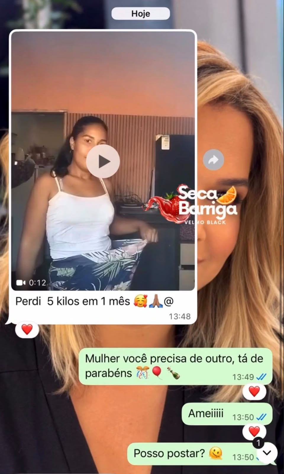 Cliente enviando vídeo e relatando ter perdido 5 quilos em um mês