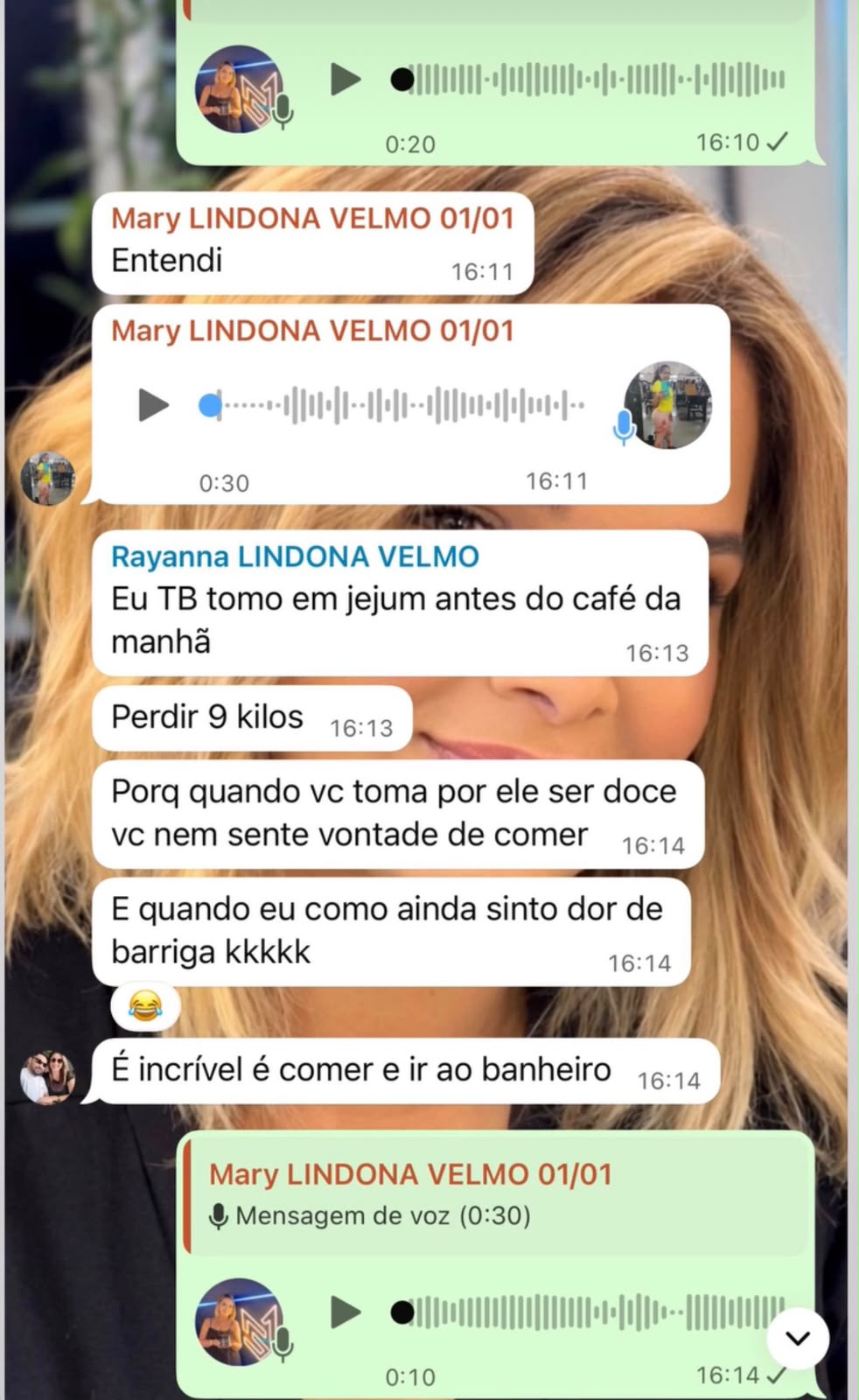 Clientes conversando no grupo sobre perder 9 quilos e sentir mais saciedade